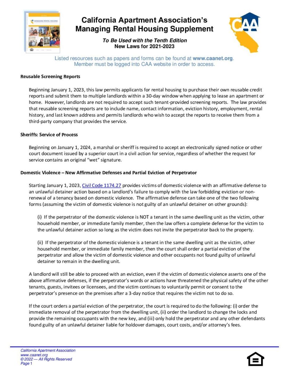 2023 Managing Rental Housing Supplement • California Apartment Association